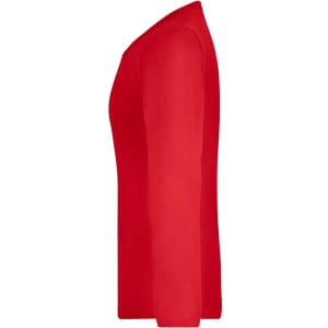 A red long-sleeve ladies shirt with a fitted design, featuring a side view. It has a logo on it.