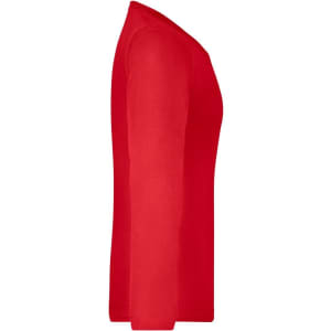 A red long-sleeved ladies shirt displayed from the side, featuring a simple design and a logo.