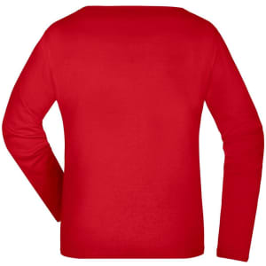 A red long-sleeved women's shirt with a plain back design. The shirt features a label or logo.
