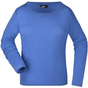A blue long-sleeve women's shirt with a round neckline and branding on the label.
