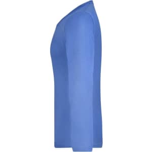 A blue long-sleeve ladies shirt displayed from the side, featuring a logo on the fabric.