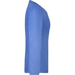 A medium-sized long-sleeve ladies shirt in bright blue, featuring a fitted style and a round neckline.
