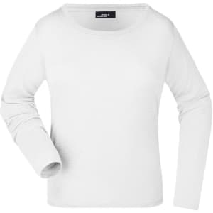 A long-sleeved white ladies' shirt featuring a round neckline and one visible logo.