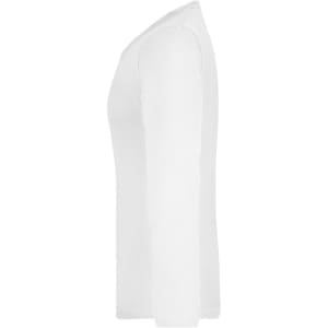 A white long-sleeve shirt displayed from the side, featuring a simple design and a logo.