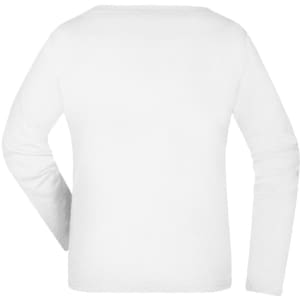 A white long-sleeved shirt with a simple design and a logo on the back. Suitable for casual wear.