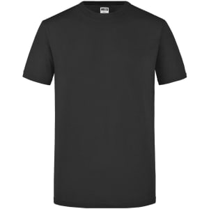A black short-sleeved T-shirt with a simple design and a logo on the label.