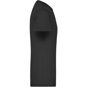 A black T-shirt displayed from the side, featuring short sleeves and a plain design with a logo.