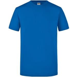 A blue men's t-shirt with a classic crew neck and short sleeves, featuring a logo on the label.
