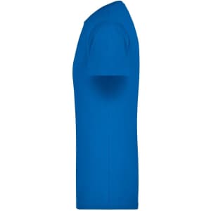 A blue men's T-shirt displayed from the side, featuring a simple design and a logo.
