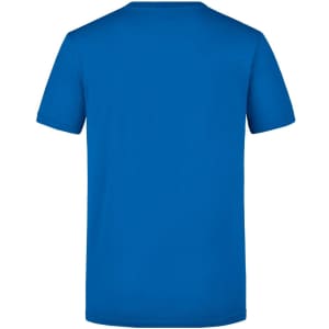A royal blue T-shirt with a simple design, featuring a back view and a logo at the neck.