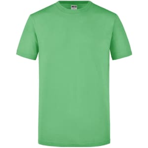 A green T-shirt featuring a round neckline and short sleeves, with a logo on the label.