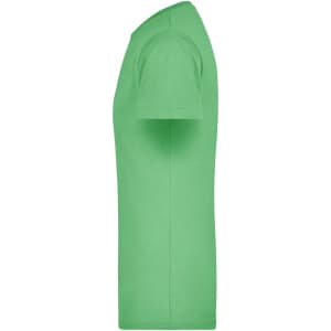 A side view of a green men's T-shirt featuring short sleeves and a fitted silhouette. It has a logo on the front.