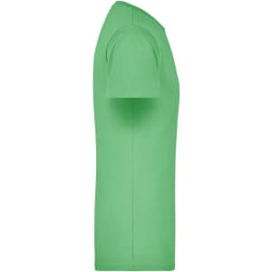 A green t-shirt displayed on its side view, featuring a simple design and a logo.