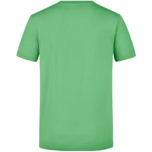A green men's T-shirt featuring a simple design and a logo on the back.