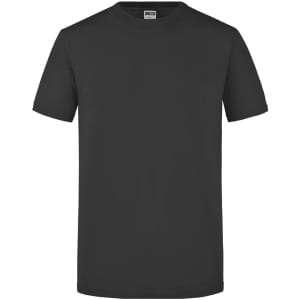 A black short-sleeved men's T-shirt with a round neck and a blank design, featuring a branding logo.