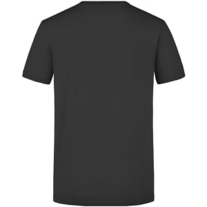 A black T-shirt with a plain back design. It features short sleeves and a round neckline.