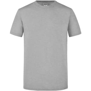 A grey men's T-shirt with short sleeves and a simple design. The shirt features a logo on the label.