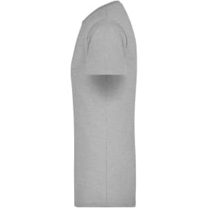 A grey men's T-shirt displayed from the side, featuring short sleeves and a simple design with a logo.