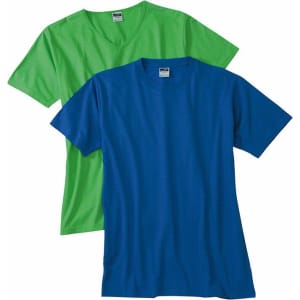 A green v-neck t-shirt and a blue crew neck t-shirt, both with a logo on the label.