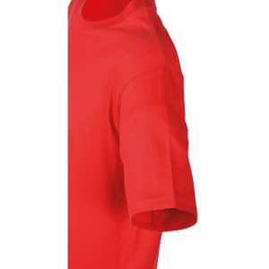 A red T-shirt with a classic crew neckline and short sleeves, featuring a logo on the side.