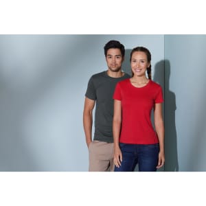 A grey men's T-shirt and a red women's T-shirt on models standing against a light blue background. Both shirts have logos.
