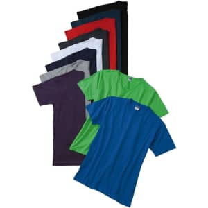 A variety of men's T-shirts in blue, green, purple, red, grey, black, and white, featuring different colours and a logo.