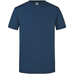 A navy blue T-shirt with short sleeves and a simple design. It features a logo on the label.