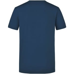 A navy blue men's T-shirt with a crew neck and short sleeves. The back is plain with no visible design or branding.