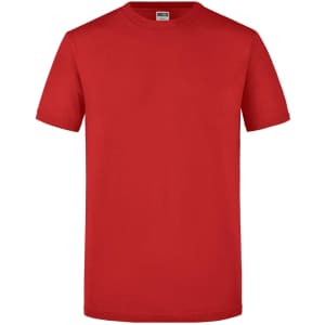 A red T-shirt with a crew neck and short sleeves. It features a logo on the chest area.
