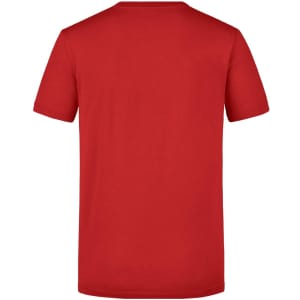 A red short-sleeved T-shirt featuring a simple design and a logo on the back.