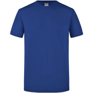 A blue T-shirt with short sleeves and a round neckline. It has a label and features a logo.