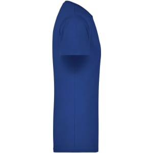 A blue men's t-shirt featuring a round neckline and short sleeves, displaying a simple design with a logo.
