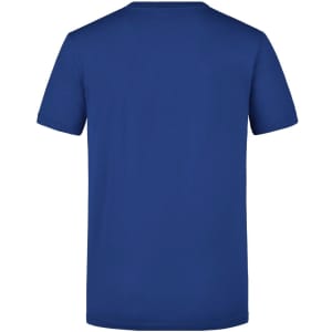 A blue T-shirt with short sleeves and a crew neckline, featuring a logo on the back.