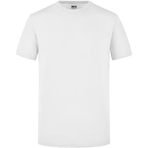 A plain white T-shirt with short sleeves, featuring a logo on the label.