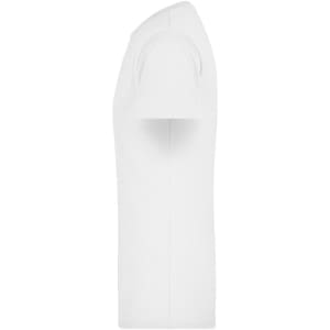 A plain white T-shirt with short sleeves, featuring a side view and a simple design. It has a logo on it.