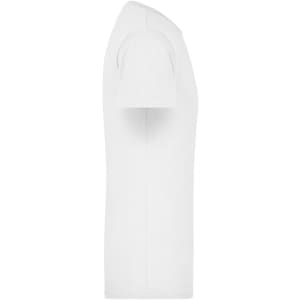 A white T-shirt featuring short sleeves and a simple design. Includes a logo on the label.
