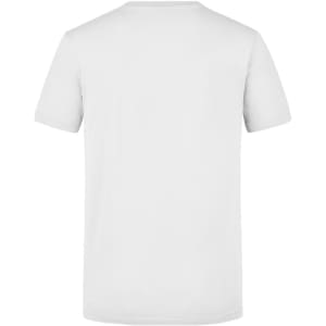 A plain white T-shirt with short sleeves, featuring a logo on the back.