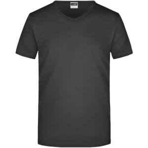 A black v-neck t-shirt with short sleeves and a simple design. It features a logo on the tag.