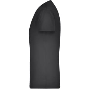 A black men's V-neck T-shirt displayed from the side, featuring short sleeves and a fitted silhouette.