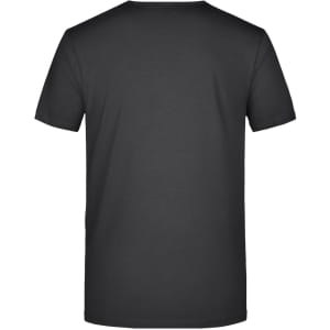 A black men's V-T shirt with a simple round neck and short sleeves, featuring a logo on the back.