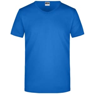A blue V-neck T-shirt with short sleeves. It features a logo on the label.