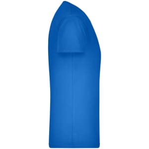 A blue men's V-T shirt displayed in a side view, featuring short sleeves and a fitted design.