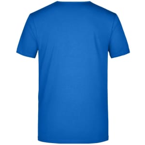 A blue T-shirt with a plain back, featuring a logo on the neck area.