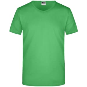 A green men's V-neck t-shirt with short sleeves and a plain design. It features a logo on the tag.