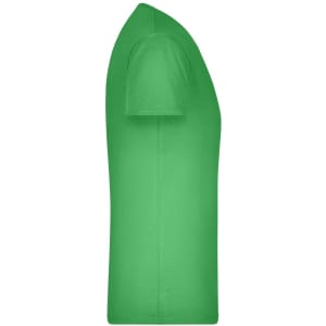 A green men's t-shirt displayed from the side, featuring short sleeves and a blank design. It has a logo.