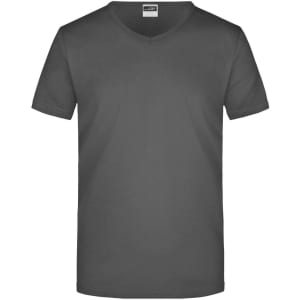 A grey men's V-neck t-shirt featuring short sleeves and a logo on the label.