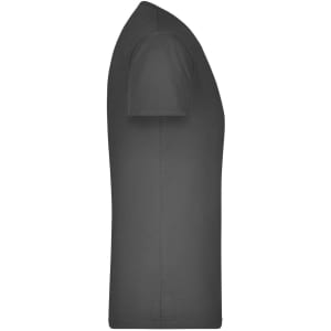 A grey men's V-T shirt with short sleeves, shown from the side. It features a logo on the fabric.
