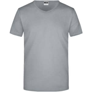 A grey men's V-neck T-shirt in a standard fit, featuring short sleeves and a branded tag.
