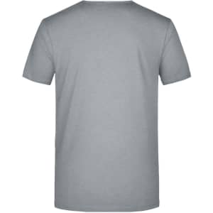 A men's grey V-neck T-shirt featuring a plain back design and a small logo.