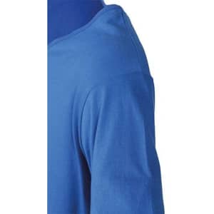 A blue V-neck t-shirt featuring short sleeves and a smooth fabric texture. It has a logo on the side.